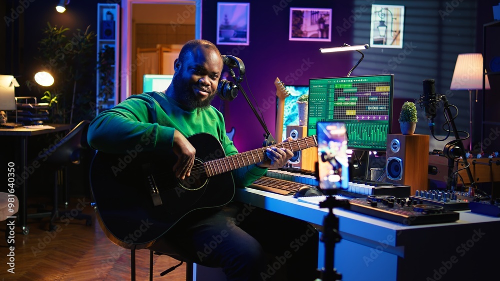 Poster Guitarist instructor hosting guitar lessons online using a mobile phone, recording tutorial for master class. Artist musician explains acoustic instrument accords, assistance for beginners. Camera B.