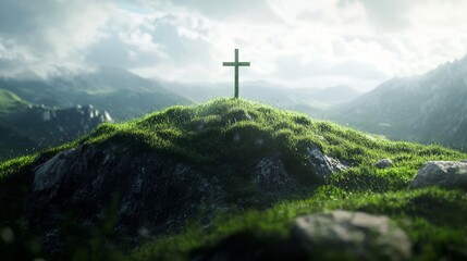 Christian cross standing on top of a green mountain against the sky with space for text or inscriptions, religion and Catholicism theme with space for text or inscriptions

