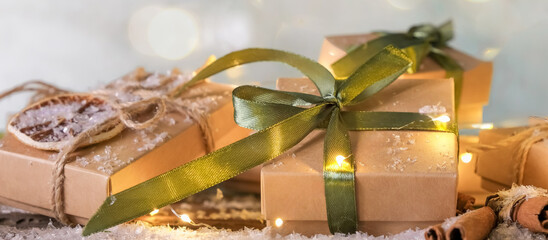 Christmas gift zero waste, eco friendly hand made box packaging gifts in kraft paper wooden table, eco christmas holiday concept, Christmas gift wrapping,eco decor banner