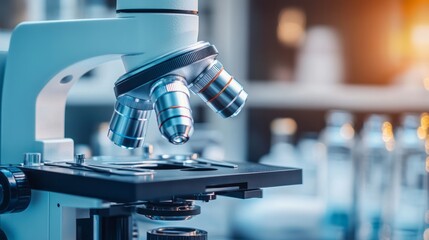 Binocular microscope in science laboratory with different focusing lenses with space for text or inscriptions, biotechnology and chemical research theme
