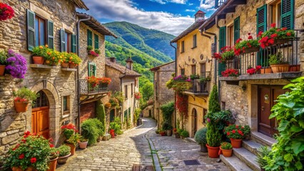 Naklejka premium A vibrant image of a colorful Italian village with cobblestone streets, charming houses in bright yellows, reds, and greens, adorned with lush flowers and plants. The scene is set against a mountainou