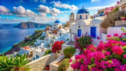 A breathtaking view of a traditional Greek village with whitewashed houses and vibrant blue accents, perched on a hillside overlooking the deep blue sea. Bougainvillea blooms add splashes of pink, enh