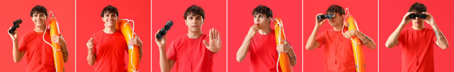 Set of male lifeguard on red background