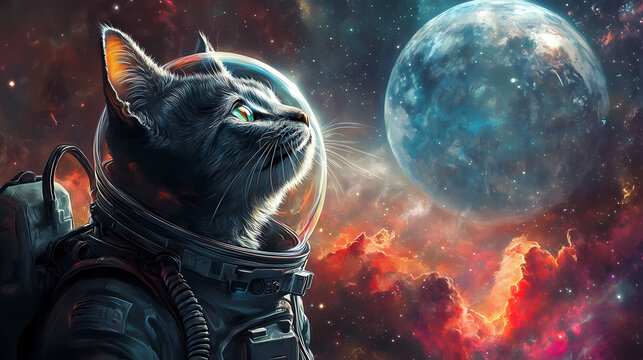Cosmic cat gazing into space, wearing a spacesuit. a mystical scene blending the wonders of the universe with the curiosity of the feline. Mystical. Illustration