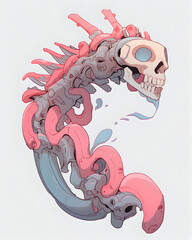 Skeleton of a bionic creature with skull and crossbones.