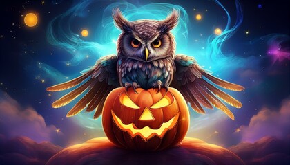 Enchanting owl with glowing eyes on a levitating jack-o'-lantern