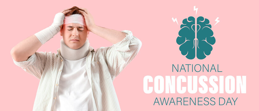 Injured young man after accident with bandaged head on pink background