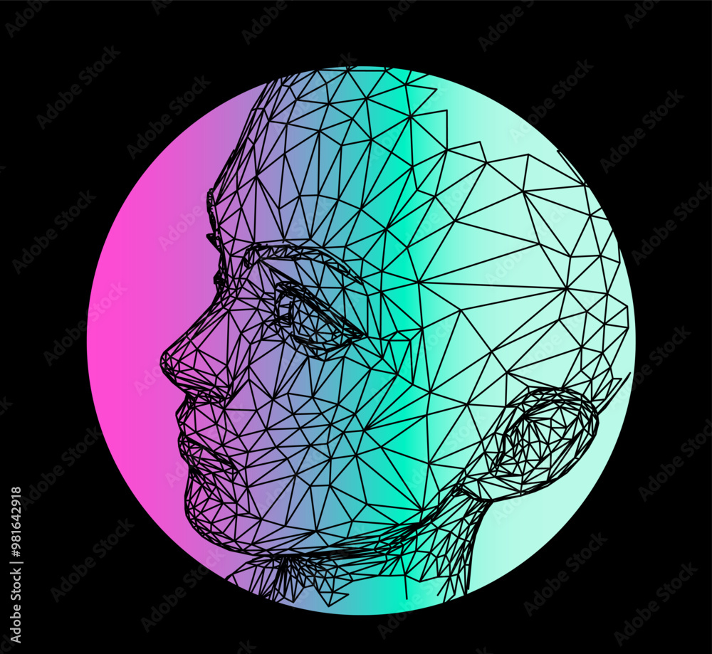 Poster conceptual illustration of 3d head made of mesh on background of holographic green and pink circle. 