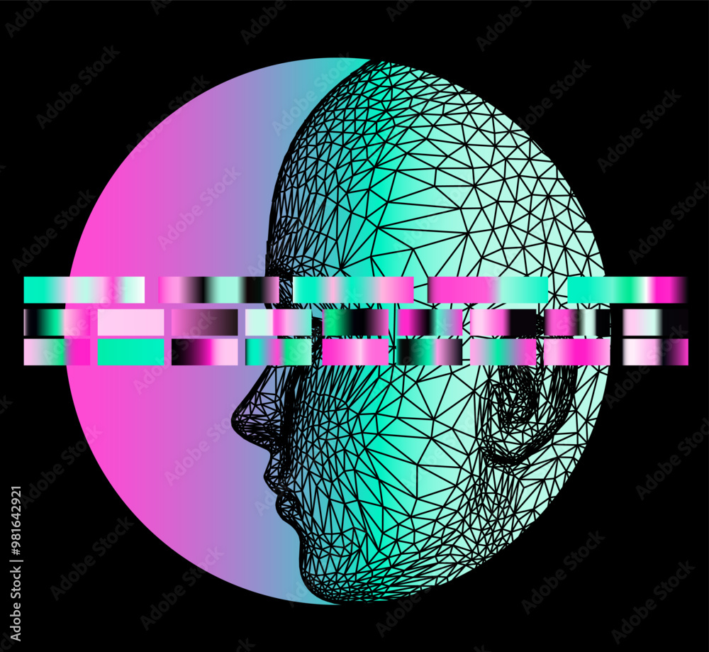 Aufkleber conceptual illustration of 3d head made of mesh on background of holographic green and pink circle. 