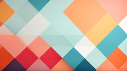 A vibrant and colorful abstract background featuring a geometric pattern of overlapping squares and triangles in shades of blue, orange, red, and pink