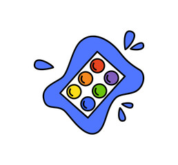 Illustration of a paint palette art supplies with paint splat behind, matching craft materials graphics icon elements