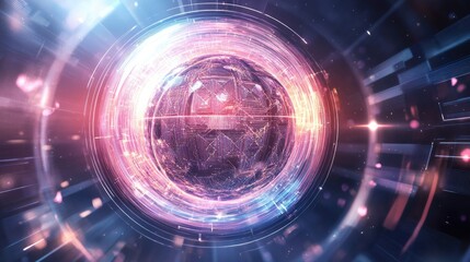 Obraz premium Abstract globe with detailed merit symbols, surrounded by a futuristic aura of light and geometric patterns on a sleek background