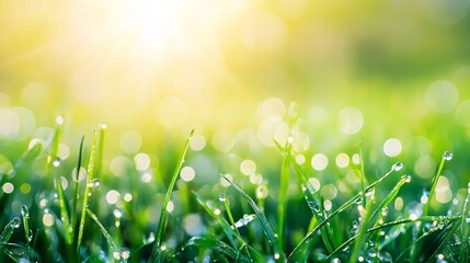 Obraz premium Dew-Covered Blades of Grass in Sunlight