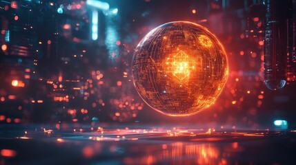 Obraz premium Glowing abstract globe adorned with intricate merit symbols, floating against a futuristic backdrop of lights and digital effects