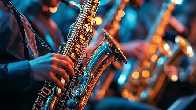 This talented musician passionately plays the saxophone at a vibrant jazz festival at night.