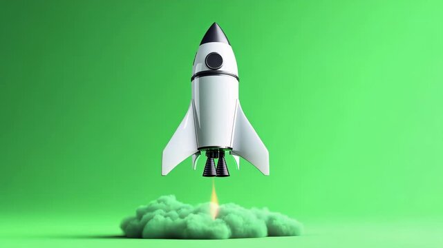 White rocket launching off the ground, surrounded by smoke, on a green screen background. Perfect for compositing and visual effects projects
