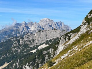 Rocky mountains around Mangart peak in the Julian Alps, Strmec na Predelu (Triglav National Park,...