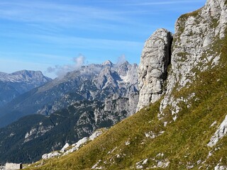 Rocky mountains around Mangart peak in the Julian Alps, Strmec na Predelu (Triglav National Park,...