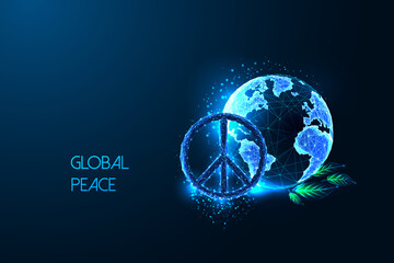 Global peace futuristic concept with peace symbol over planet Earth on dark blue background. 