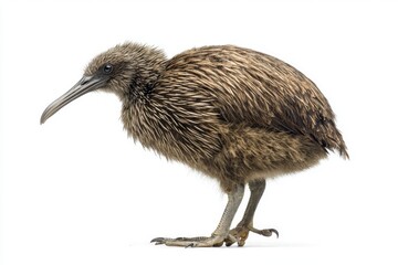 kiwi bird stands proudly, displaying its slender beak and short wings. Set against a clean, white background, it highlights the bird's distinct features and proportions.