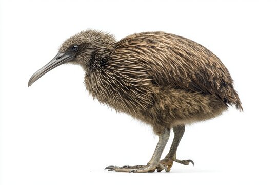 kiwi bird stands proudly, displaying its slender beak and short wings. Set against a clean, white background, it highlights the bird's distinct features and proportions.