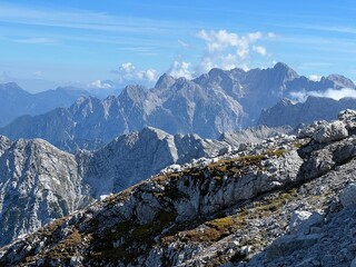 Rocky mountains around Mangart peak in the Julian Alps, Strmec na Predelu (Triglav National Park,...