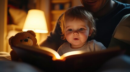 Intimate scene of a parent reading a bedtime story to a young child, with the warm glow of a bedside lamp