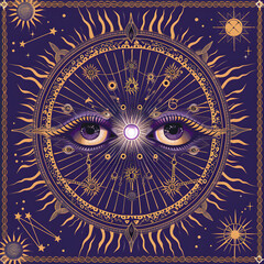 Naklejka premium The intricate artwork includes celestial symbols like stars, suns, moons, and a mesmerizing pair of eyes in a deep purple shade, evoking a mystical and ethereal atmosphere