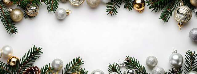 White background with Christmas tree branches around the edges, with many ornaments, copy space in the center. Christmas Background Concept.