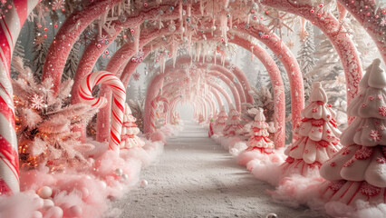 Candy cane Christmas wonderland with pink arches and frosted decorations.