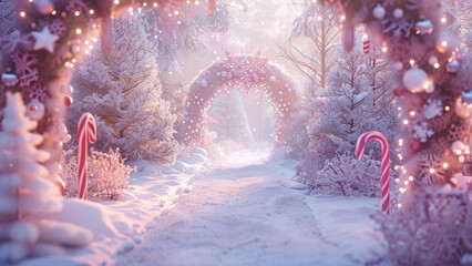 Candy cane Christmas wonderland with pink arches and frosted decorations.