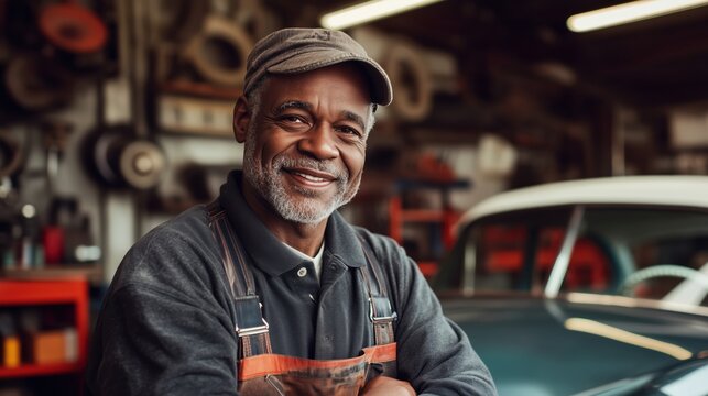 Fototapeta Portrait of a Black Senior Mechanic Smiling in a Workshop