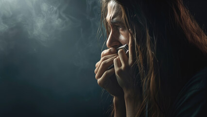 Harmonica player immersed in emotional performance, with smoky background.