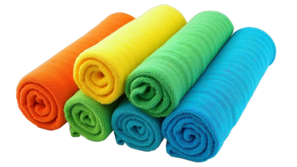 Rainbow Towel Roll Display, A vibrant collection of rolled towels in various colors - orange, yellow, green, blue, and turquoise - arranged in a neat row. Ideal for spa, hospitality.