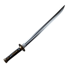 Ceremonial Japanese Sword - Silver Blade & Gold Accents , A solitary, elongated silver ceremonial sword with a black handle and intricate gold detailing.