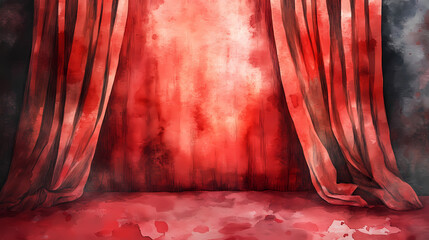Dramatic red curtain background theatrical elegance watercolor painting. Dramatic. Illustration