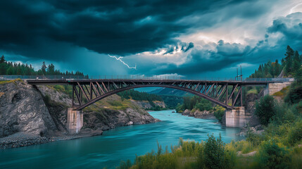 A bridge spanning a river with dark storm clouds and lightning in the background