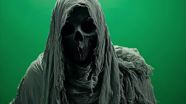 Mysterious figure shrouded in black cloth, wearing a menacing skull mask, stands against a vibrant green screen backdrop. Perfect for halloween or any project needing an eerie touch