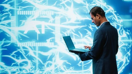 System administrator working on laptop, programming artificial intelligence computing simulating...