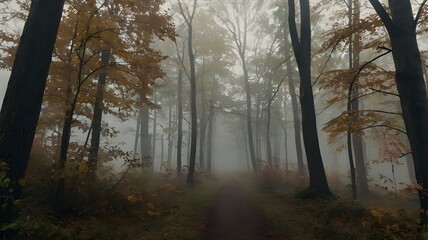 Fototapeta premium Foggy autumn forest in the morning, highlighting colorful leaves and gentle mist, forming an enchanting autumn woods landscape.