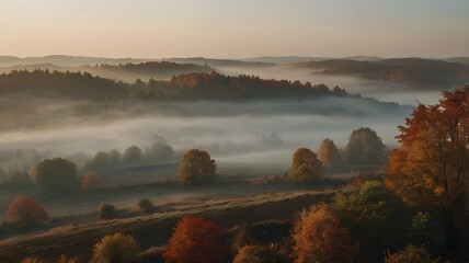Obraz premium Foggy autumn forest in the morning, showcasing colorful leaves and soft mist, creating a captivating autumn woods landscape.