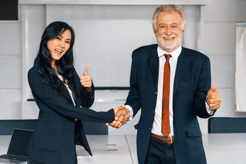 Senior executive manager and young businesswoman working in meeting room in the office. The woman is secretary or translator. International business language translation concept. uds