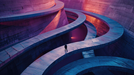 Man walking on futuristic curved pathways in surreal architecture