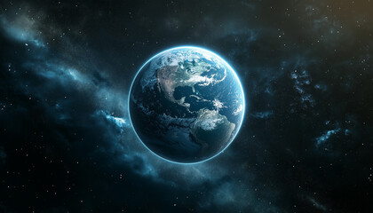Obraz premium Panoramic view of the Earth, stars and galaxy. Planet Earth, view from space. Space fantasy.