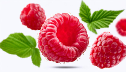 Falling Raspberry isolated on white background, selective focus 