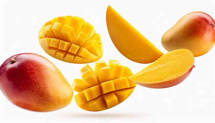 Falling yellow mango isolated on white background, selective focus