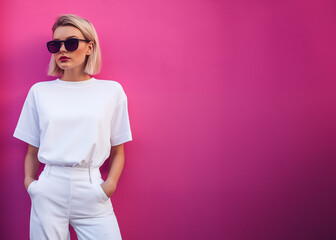 A cool fashion girl wearing white sweatshirt and on sunglasses. A full body shot. Mockup for young design. White space, pink neon wall  background