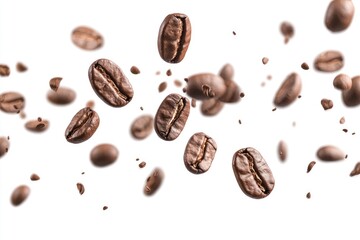 Obraz premium Coffee beans falling in the air isolated on a white background. Coffee beans flying, ai