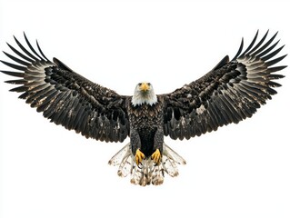 stunning bald eagle glides effortlessly, showcasing its expansive wingspan and powerful presence. The bird exudes strength and grace as it navigates the vast sky.