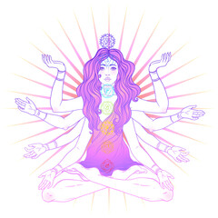 Beautiful woman with long hair and multiple hands sitting in lotus yoga position. Multi-armed goddess is Goddess Lakshmi, the Hindu goddess of wealth, fortune, and prosperity. Vector detailed isolated